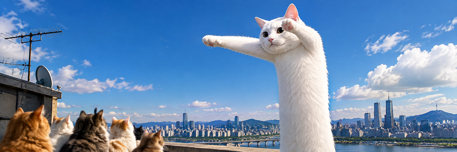 Giant Long Cat towering over a city skyline